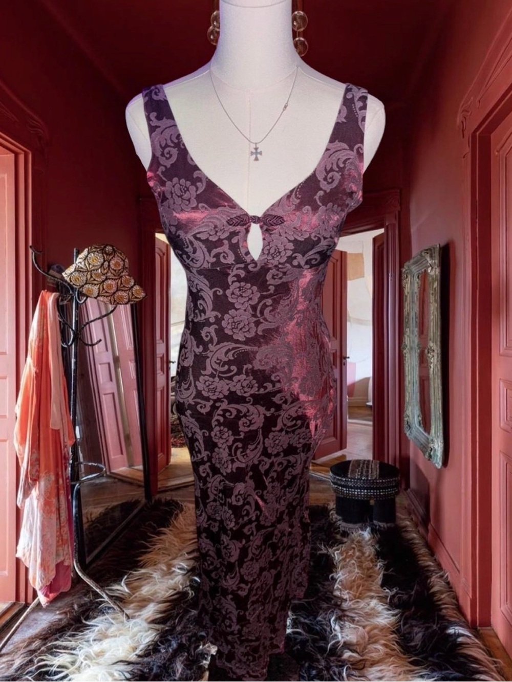 Vintage Burgundy Floral Jacquard Maxi Dress